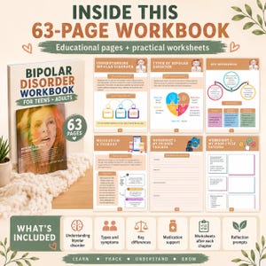 May include: A 63-page Bipolar Disorder workbook for teens and adults featuring educational pages and practical worksheets. The cover displays a person's face, and the interior pages include sections on understanding the disorder, types, medication, therapy, trigger trackers, and mood cycle patterns.