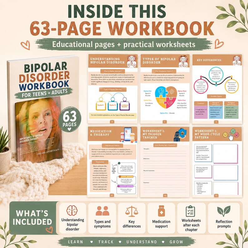 May include: A 63-page Bipolar Disorder workbook for teens and adults featuring educational pages and practical worksheets. The cover displays a person's face, and the interior pages include sections on understanding the disorder, types, medication, therapy, trigger trackers, and mood cycle patterns.