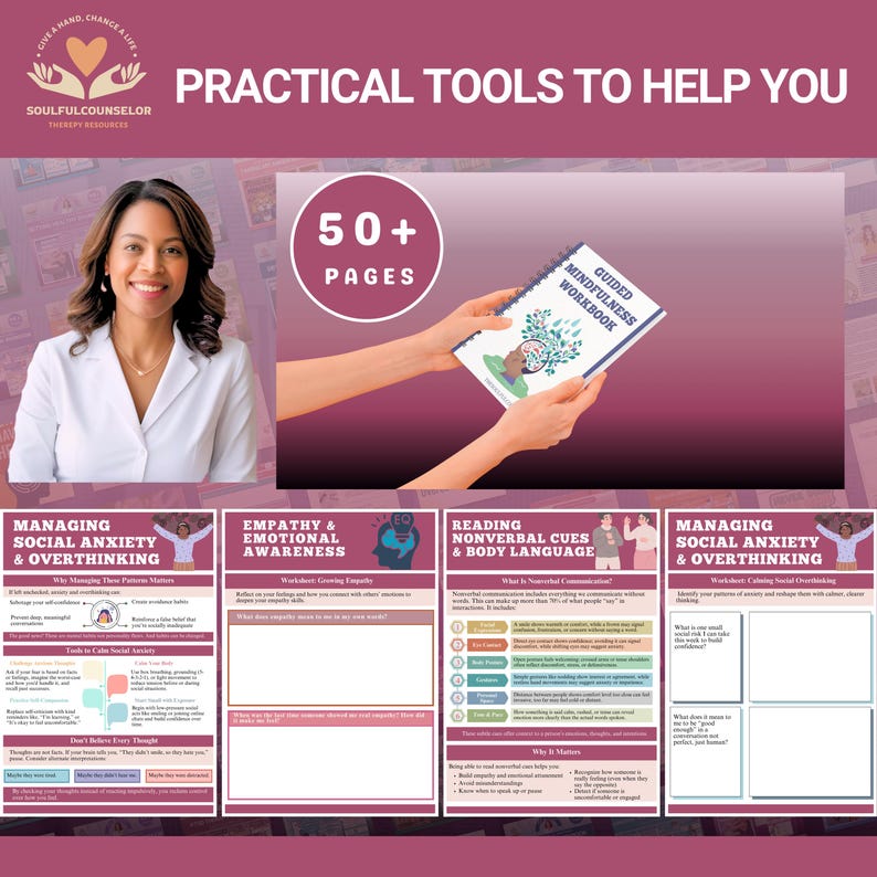 social intelligence workbook, emotional awareness journal, communication skills for teens, social anxiety help, therapist tools printable, social emotional learning PDF, empathy workbook, overthinking help, body language guide, digital therapy worksheets, printable mental health resource, conversation confidence workbook, social skills for adults