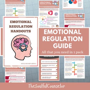 Może przedstawiać: Zestaw materiałów i przewodnik dotyczący regulacji emocji. Główny tytuł to "EMOTIONAL REGULATION GUIDE" z hasłem "All that you need in 1 pack." Obraz zawiera diagramy i tekst dotyczące dobrego samopoczucia emocjonalnego.