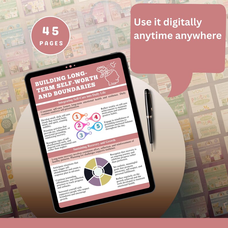 May include: A digital tablet displays a self-help guide titled "Building Long-Term Self-Worth and Boundaries." The screen shows text and graphics about self-care, with a pen resting beside it. The image also includes a pink speech bubble with the text "Use it digitally anytime anywhere."
