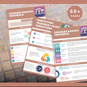 Op de afbeelding: Educatief materiaal over slapeloosheid, met infographics met titels als "Inzicht in slapeloosheid" en "Triggers en slaapverstoorders identificeren". De pagina's bevatten tekst, diagrammen en een indicator "50+ pagina's".