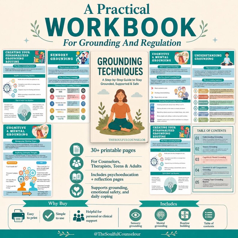May include: A practical workbook for grounding and regulation featuring a central guide titled Grounding Techniques with an illustration of a person meditating. The layout includes multiple informational pages, a table of contents, and icons.
