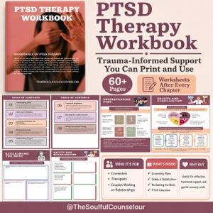 K&ouml;nnte beinhalten: Ein PTSD-Therapie-Arbeitsbuch mit einem Cover, das eine Person zeigt, die ihr Gesicht mit der Hand bedeckt. Das Arbeitsbuch enth&auml;lt &uuml;ber 60 Seiten mit trauma-informierten Arbeitsbl&auml;ttern, ein Inhaltsverzeichnis und Abschnitte zu PTSD und Sicherheit.
