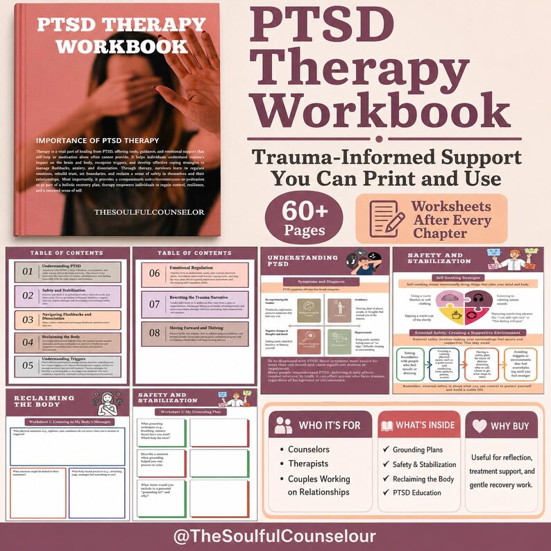 K&ouml;nnte beinhalten: Ein PTSD-Therapie-Arbeitsbuch mit einem Cover, das eine Person zeigt, die ihr Gesicht mit der Hand bedeckt. Das Arbeitsbuch enth&auml;lt &uuml;ber 60 Seiten mit trauma-informierten Arbeitsbl&auml;ttern, ein Inhaltsverzeichnis und Abschnitte zu PTSD und Sicherheit.