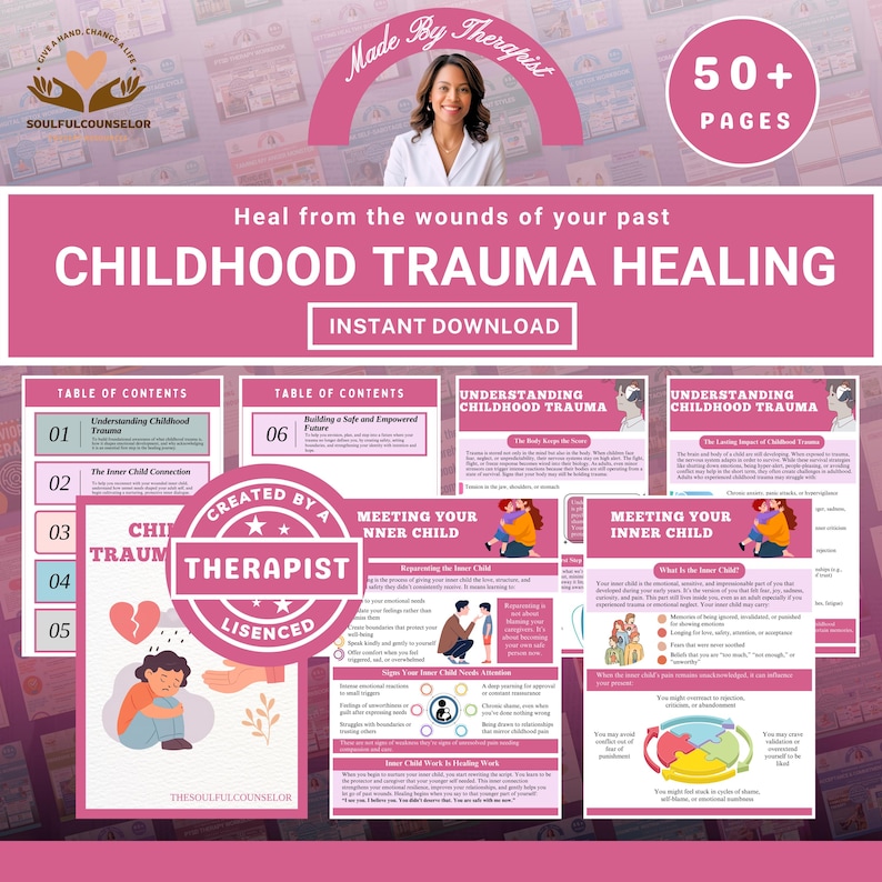 childhood trauma recovery workbook, inner child healing workbook, emotional healing journal, trauma therapy printable, self reflection mental health resource, healing past wounds guide, trauma informed printable workbook, reconnect with inner child activities, building self worth after trauma, emotional regulation exercises, safe trauma recovery workbook, therapeutic healing guide for adults, printable mental health workbook