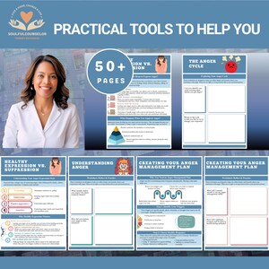May include: An image promoting Soulful Counselor therapy resources. It shows a woman and several worksheets. Titles include "Healthy Expression vs. Suppression" and "Creating Your Anger Management Plan". The image has the text "50+ Pages."