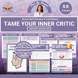 May include: A digital download titled "Tame Your Inner Critic" with 50 pages. The image features a woman's photo, a logo, and content pages with text and graphics. The design is primarily purple and white.