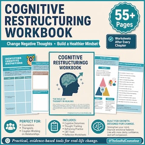 Può includere: Un quaderno di esercizi di ristrutturazione cognitiva di oltre 55 pagine, con una copertina blu scuro raffigurante la sagoma di un cervello e una freccia verso l'alto. Include schede per identificare le distorsioni cognitive.