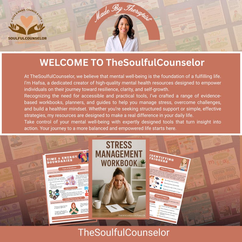 May include: Promotional image for TheSoulfulCounselor, featuring a woman and text. The image includes a workbook titled "Stress Management Workbook" and other resources. The text reads "Welcome to TheSoulfulCounselor" and describes mental health resources.