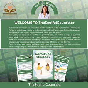 May include: An advertisement for TheSoulfulCounselor, featuring a woman and text. The image includes the text "WELCOME TO TheSoulfulCounselor" and "EXPOSURE THERAPY". The image also includes the text "Made By Therapist". The image is designed to promote mental health resources.