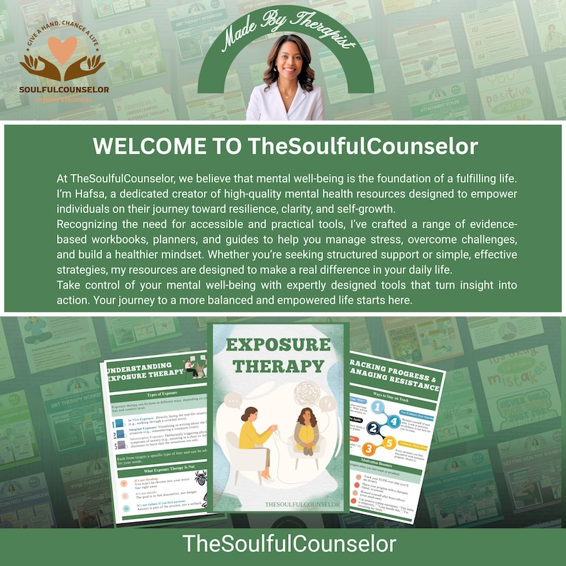 May include: An advertisement for TheSoulfulCounselor, featuring a woman and text. The image includes the text "WELCOME TO TheSoulfulCounselor" and "EXPOSURE THERAPY". The image also includes the text "Made By Therapist". The image is designed to promote mental health resources.