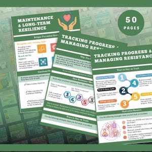 May include: A collection of green and white printed worksheets with titles like "Maintenance & Long-Term Resilience" and "Tracking Progress & Managing Resistance." The worksheets include text and graphics, with a page count of 50 pages.