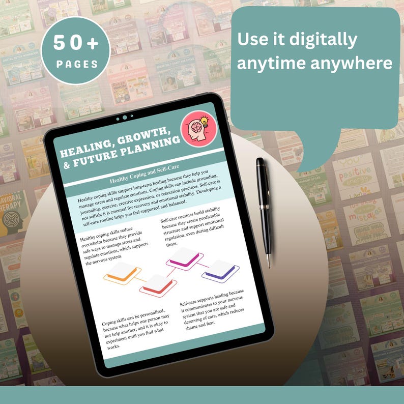 May include: A digital tablet displaying a self-care and healing plan with the text "Healing, Growth, & Future Planning." The image includes a pen and speech bubble with the text "Use it digitally anytime anywhere." The image also says "50+ pages."
