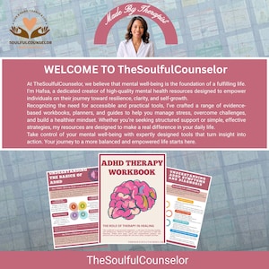 Puede incluir: Imagen promocional para TheSoulfulCounselor, con una mujer y texto. La imagen incluye el texto "WELCOME TO TheSoulfulCounselor" y "ADHD THERAPY WORKBOOK". La imagen tambi&eacute;n incluye el texto "UNDERSTANDING THE BASICS OF ADHD" y "UNDERSTANDING ADHD SYMPTOMS AND DIAGNOSIS".