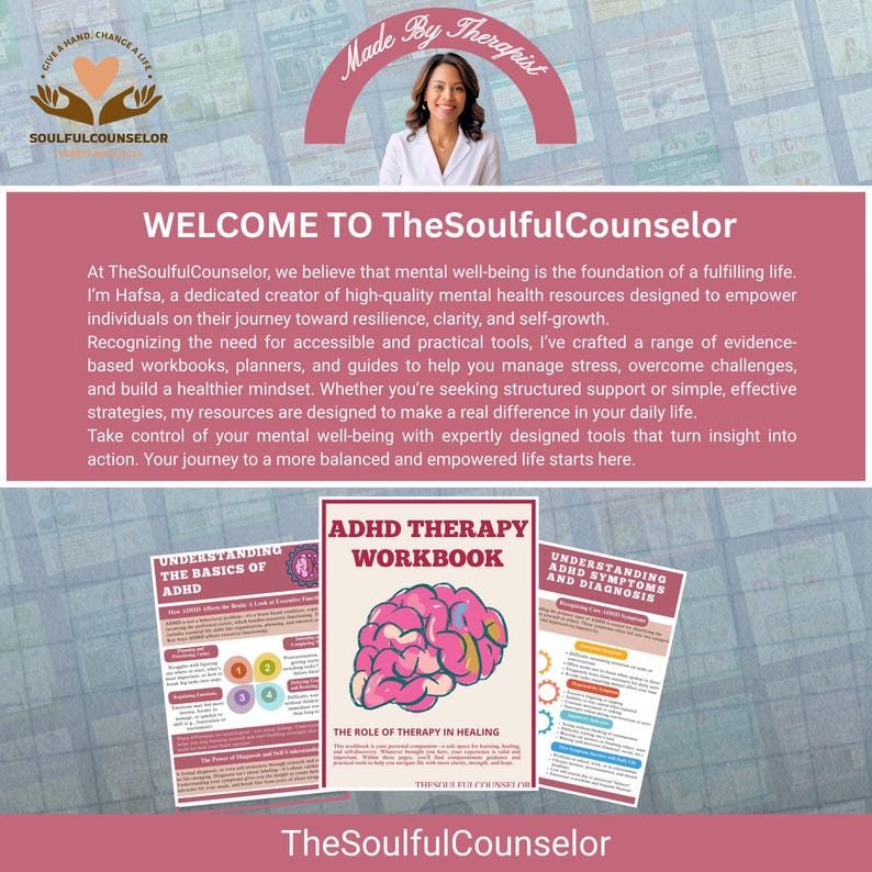 Puede incluir: Imagen promocional para TheSoulfulCounselor, con una mujer y texto. La imagen incluye el texto "WELCOME TO TheSoulfulCounselor" y "ADHD THERAPY WORKBOOK". La imagen tambi&eacute;n incluye el texto "UNDERSTANDING THE BASICS OF ADHD" y "UNDERSTANDING ADHD SYMPTOMS AND DIAGNOSIS".