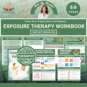 Pode incluir: Um caderno verde e branco intitulado "Exposure Therapy Workbook" com o texto "Face Your Fears with Confidence". O caderno inclui secções sobre a compreensão da terapia de exposição, a identificação de gatilhos e a construção de uma escada do medo. O caderno tem 50 páginas.