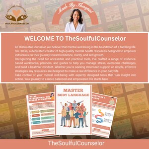 May include: A promotional image for TheSoulfulCounselor, featuring a woman and the text "Made By Therapist." The image includes the text "WELCOME TO TheSoulfulCounselor" and displays resources for mental well-being, including workbooks and guides.