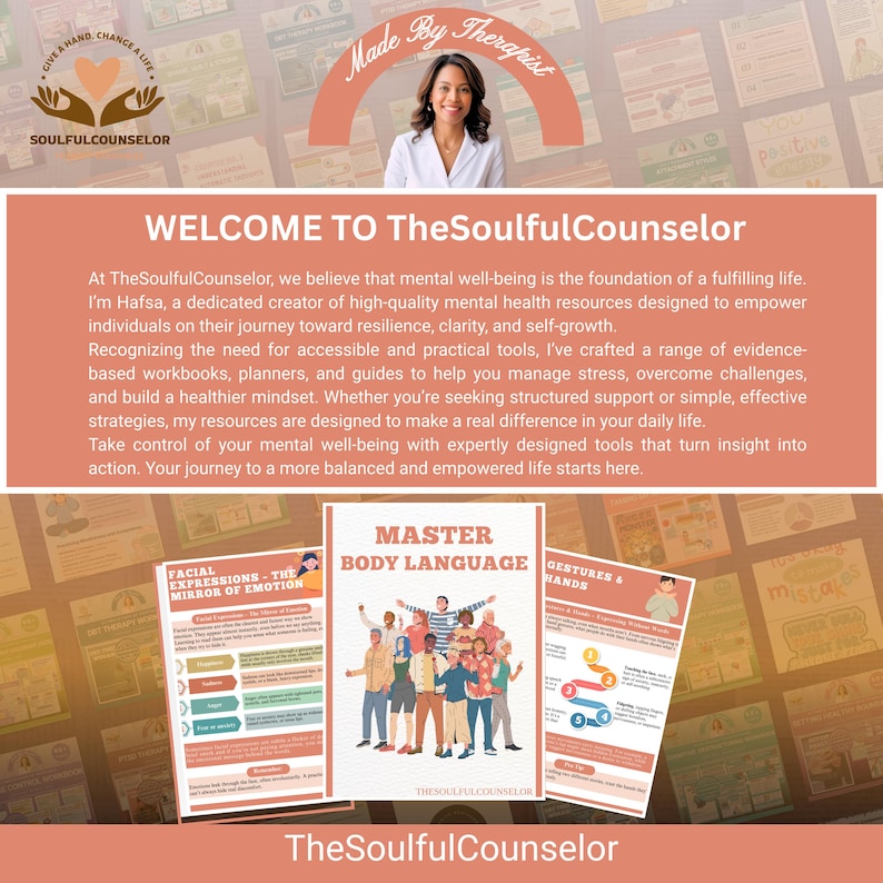 May include: A promotional image for TheSoulfulCounselor, featuring a woman and the text "Made By Therapist." The image includes the text "WELCOME TO TheSoulfulCounselor" and displays resources for mental well-being, including workbooks and guides.