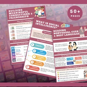May include: Educational posters on social intelligence and building friendships. The posters feature text and graphics on topics like empathy, nonverbal cues, and effective communication. The pages are designed to help improve social skills.