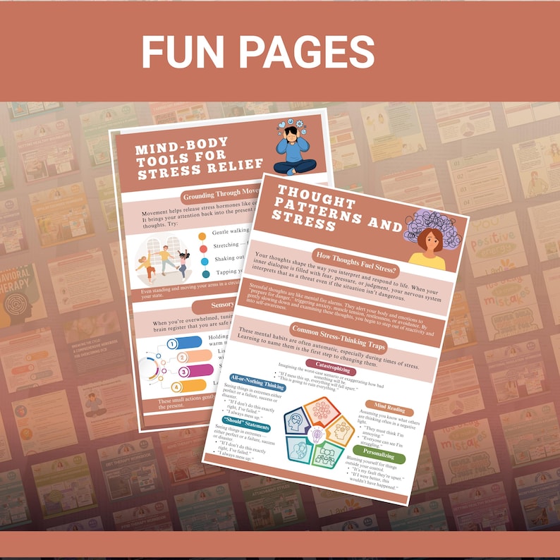 May include: Two educational posters titled "Mind-Body Tools for Stress Relief" and "Thought Patterns and Stress" are displayed. The posters feature colorful illustrations and text, offering strategies for managing stress and promoting mental well-being. The words "FUN PAGES" are at the top.