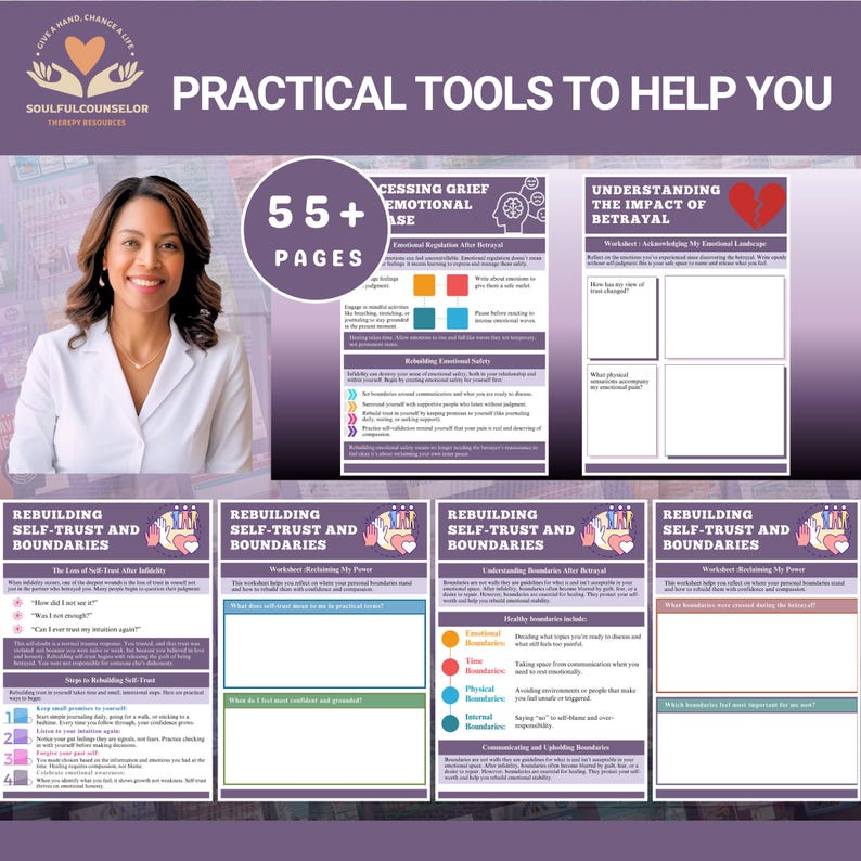 May include: A woman in a white blazer smiles next to a workbook titled "Practical Tools to Help You." The workbook has 55+ pages and includes sections on rebuilding self-trust and boundaries.
