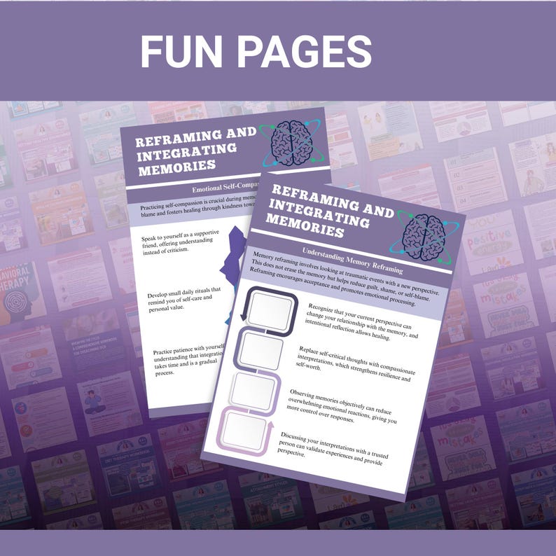 Puede incluir: Dos p&aacute;ginas moradas y blancas tituladas "Reframing and Integrating Memories" con el texto "Fun Pages" en la parte superior. Las p&aacute;ginas presentan diagramas y texto sobre la autocompasi&oacute;n emocional y el reencuadre de la memoria. Tambi&eacute;n hay un gr&aacute;fico de cerebro.