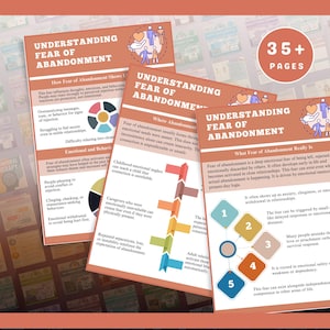 May include: Several brochures titled "Understanding Fear of Abandonment" are displayed. The brochures have diagrams and text explaining the topic. The cover art includes illustrations of people and hearts. The brochures are on a wooden surface.