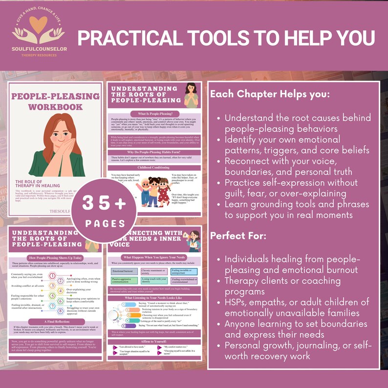 people pleasing workbook, people pleaser recovery, set boundaries workbook, self worth workbook, saying no workbook, assertiveness journal, emotional healing workbook, printable therapy workbook, self help for people pleasers, reclaim your voice, stop people pleasing, personal growth journal, trauma healing resources, inner child workbook, boundary setting