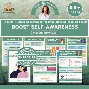 May include: A digital workbook, "Boost Self-Awareness," offering an instant download. The cover displays a therapist and the text "Made by Therapist." The workbook covers topics like self-awareness and thought patterns. It contains over 55 pages.