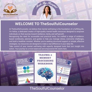 Puede incluir: Imagen promocional de TheSoulfulCounselor, con una mujer y texto. La imagen incluye cuadernos de trabajo y gu&iacute;as centradas en el bienestar mental, el trauma y el procesamiento de la memoria. El texto dice "Welcome to TheSoulfulCounselor."