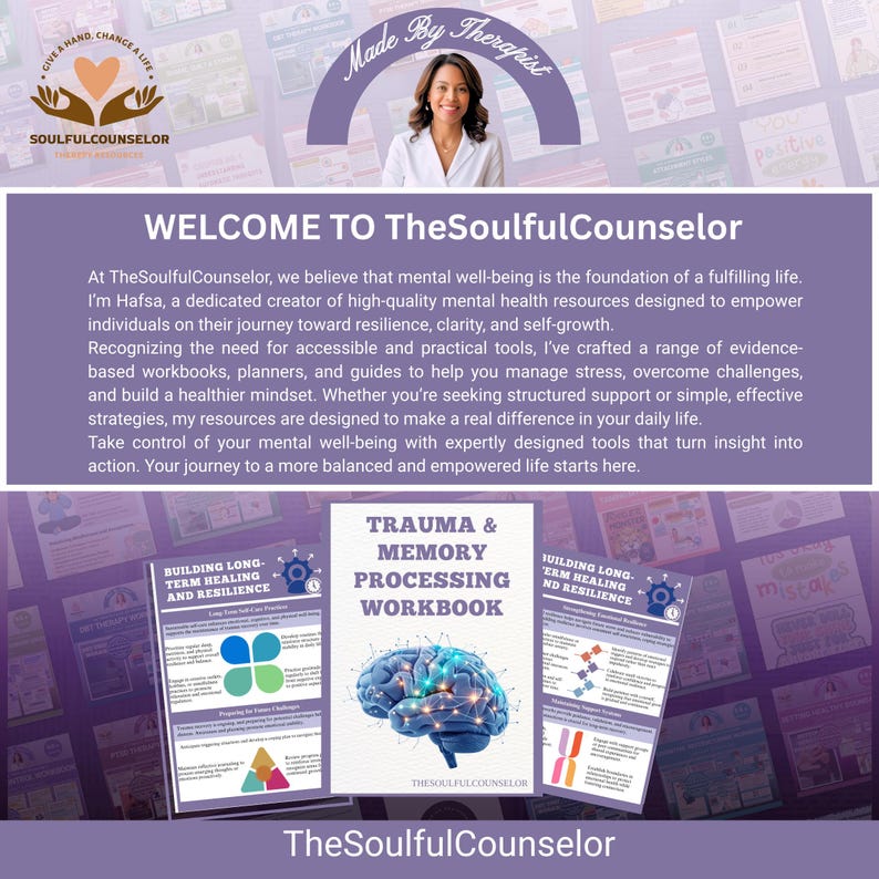 Puede incluir: Imagen promocional de TheSoulfulCounselor, con una mujer y texto. La imagen incluye cuadernos de trabajo y gu&iacute;as centradas en el bienestar mental, el trauma y el procesamiento de la memoria. El texto dice "Welcome to TheSoulfulCounselor."
