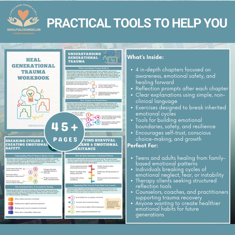 May include: A workbook titled "Heal Generational Trauma" with the text "Practical Tools to Help You." The cover features a lightbulb and people icons. The image includes sections on emotional safety, cycles, and survival, with the text "45+ Pages."