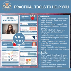 May include: A teal and white graphic with the text "Practical Tools to Help You" and "Anger Management." The image includes diagrams and text about understanding anger, recognising triggers, and healthy expression. The image has 50+ pages.