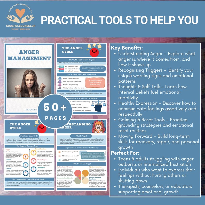 May include: A teal and white graphic with the text "Practical Tools to Help You" and "Anger Management." The image includes diagrams and text about understanding anger, recognising triggers, and healthy expression. The image has 50+ pages.
