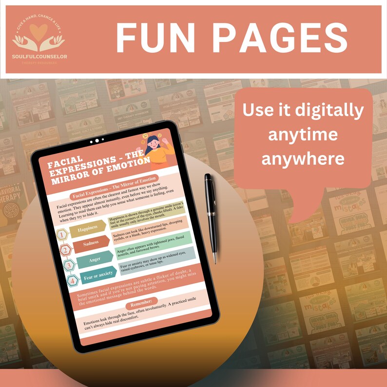 May include: A digital tablet displays "Facial Expressions - The Mirror of Emotion" with a pen beside it. The page explains emotions like happiness, sadness, anger, and fear. The image includes the text "Use it digitally anytime anywhere."