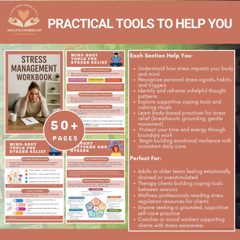 stress management workbook, stress relief workbook, coping skills workbook, emotional regulation guide, self-care workbook, mental health pdf, anxiety coping workbook, therapist created workbook, digital workbook for adults, calming workbook for stress, trauma informed workbook, nervous system workbook, burnout recovery workbook, printable therapy tools
