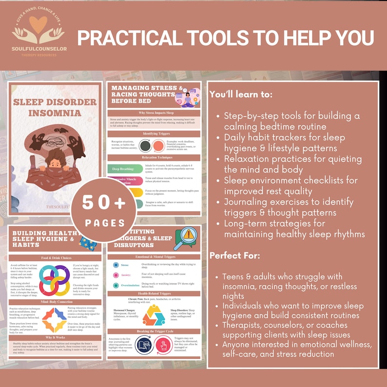 “Printable Sleep Workbook for Insomnia and Better Rest – Teens & Adults”

“Sleep Hygiene and Relaxation Tools – Digital Sleep Journal”

“Therapist-Informed Insomnia Workbook – 50+ Pages Printable PDF”

“Better Sleep Routine and Mind–Body Practices for Emotional Wellness”

“Calming Night Routine Workbook for Teens and Adults – Therapy Resource”