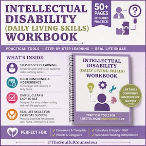 Könnte beinhalten: Ein spiralgebundenes Arbeitsbuch mit dem Titel Intellectual Disability (Daily Living Skills) Workbook. Das Cover zeigt eine violette Silhouette, eine Glühbirne, ein Zahnrad, einen Schraubenschlüssel und Puzzleteile. Es enthält über 50 Seiten mit geführten Übungen, praktischen Werkzeugen, schrittweisem Lernen und lebenspraktischen Fähigkeiten zur Förderung der Selbstständigkeit.