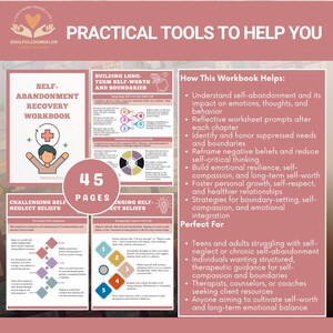 Cover image of Self-Abandonment Recovery Workbook with calming colors

Sample chapter pages showing reflective worksheets for teens and adults

Printable PDF workbook for addressing self-abandonment and self-care

Therapeutic guide for rebuilding self-worth and healthy boundaries

Workbook for cultivating self-compassion and emotional resilience