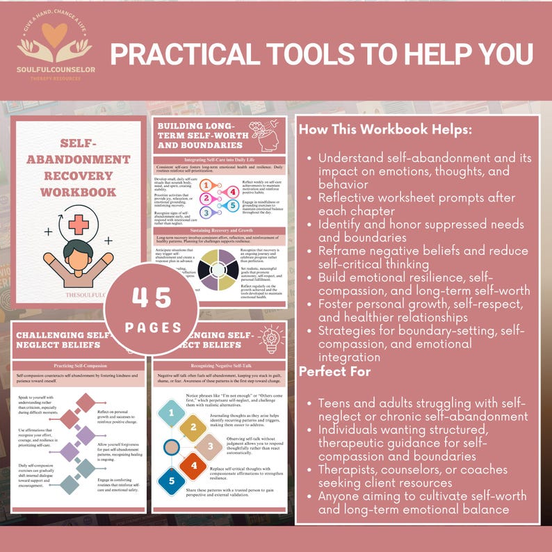 Cover image of Self-Abandonment Recovery Workbook with calming colors

Sample chapter pages showing reflective worksheets for teens and adults

Printable PDF workbook for addressing self-abandonment and self-care

Therapeutic guide for rebuilding self-worth and healthy boundaries

Workbook for cultivating self-compassion and emotional resilience