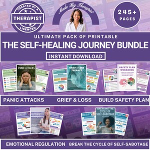 May include: A printable Self-Healing Journey Bundle created by a licensed therapist. Includes workbooks on panic attacks, grief, safety planning, emotional regulation, and self-sabotage. Features over 245 pages for instant download.