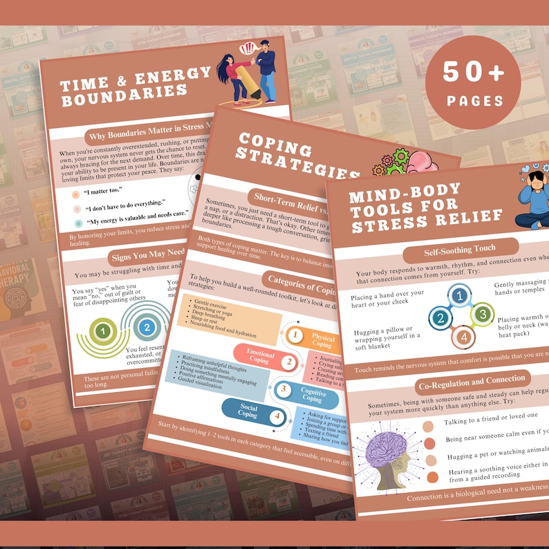 May include: A set of brown and white informational cards with titles like "Time & Energy Boundaries" and "Mind-Body Tools for Stress Relief." The cards offer coping strategies and self-soothing techniques. The image includes the text "50+ PAGES."