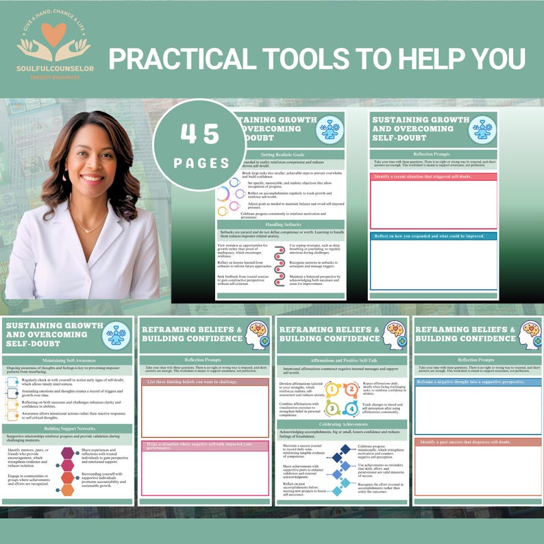 Cover image of Overcoming Imposter Syndrome Workbook with calming colors

Sample chapter pages showing reflective worksheets for teens and adults

Printable PDF workbook for challenging self-doubt and building confidence

Therapeutic guide for recognizing and reframing imposter feelings

Workbook for cultivating self-worth, affirmations, and resilience