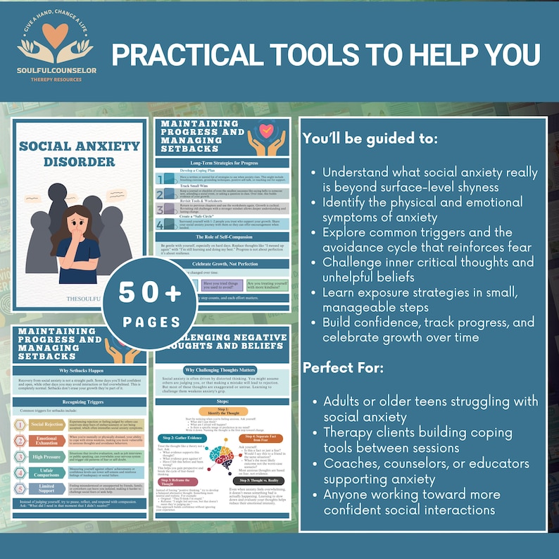 social anxiety workbook, printable anxiety workbook, CBT workbook for anxiety, anxiety worksheets for teens, digital mental health workbook, therapist workbook social anxiety, coping with social anxiety, anxiety therapy resources, anxiety exposure planner, self help workbook, confidence building workbook, social skills therapy, anxiety disorder help, anxiety support PDF, emotional regulation worksheets