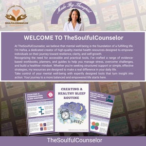 May include: A promotional image for TheSoulfulCounselor, featuring a woman and text. The image includes workbooks and guides for mental well-being, with titles like "Creating a Healthy Sleep Routine." The overall design is purple and white.