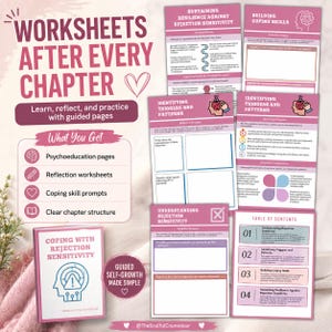 May include: A collection of pink and white educational worksheets titled Coping with Rejection Sensitivity. The pages feature sections for reflection, building coping skills, and identifying triggers, with clear headings, bullet points, and icons.