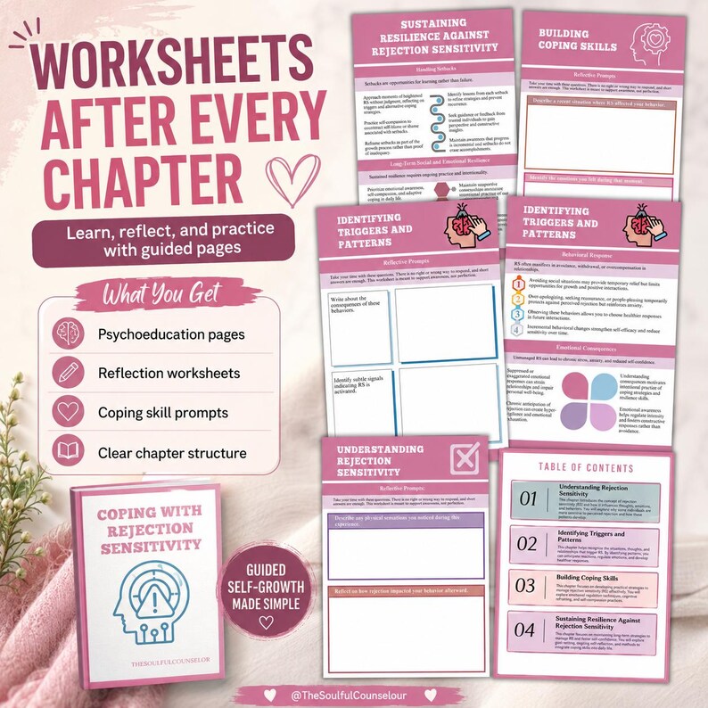May include: A collection of pink and white educational worksheets titled Coping with Rejection Sensitivity. The pages feature sections for reflection, building coping skills, and identifying triggers, with clear headings, bullet points, and icons.