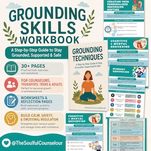 May include: A Grounding Skills Workbook featuring a step-by-step guide to stay grounded, supported, and safe. The workbook includes 30+ pages of practical tools, exercises, and worksheets for counselors, therapists, teens, and adults to build calm.
