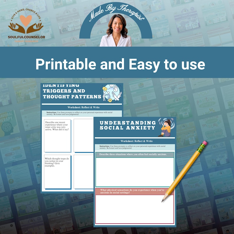 Op de afbeelding: Afdrukbare werkbladen voor het identificeren van triggers, denkpatronen en het begrijpen van sociale angst. De werkbladen bevatten prompts voor reflectie en schrijven. Een potlood ligt op de hoek van de werkbladen. De tekst "Printable and Easy to use."